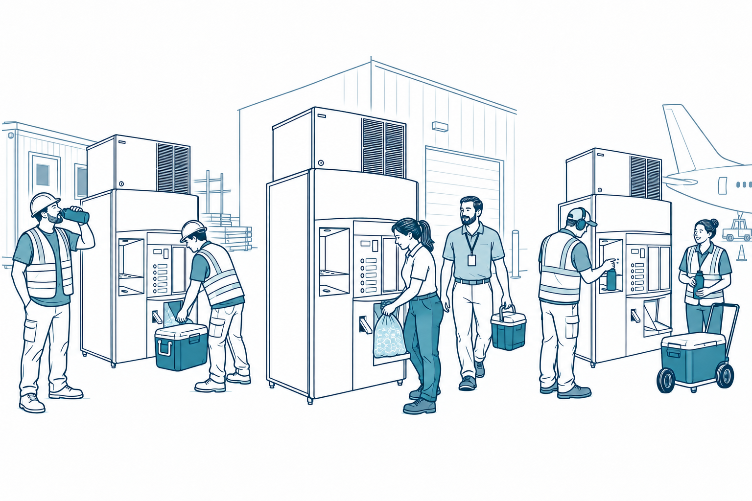 Worksite, facilities, and airport teams collecting ice and water from on-site equipment