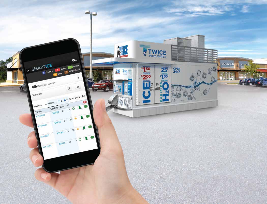 SmartIce remote management dashboard on a phone beside a Twice the Ice machine